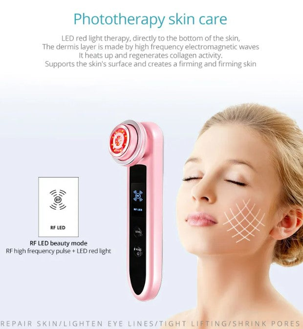 EMS RF Skin Care Clean Tighten Lifting Facial LED Photon Radio Frequency Beauty Massager - Pink