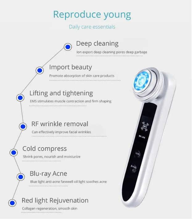 EMS RF Skin Care Clean Tighten Lifting Facial LED Photon Radio Frequency Beauty Massager - Pink